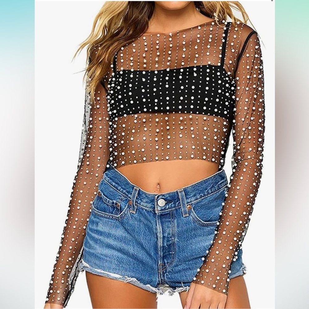 Pearl Rhinestone Sheer Long Sleeve Mesh Crop Top